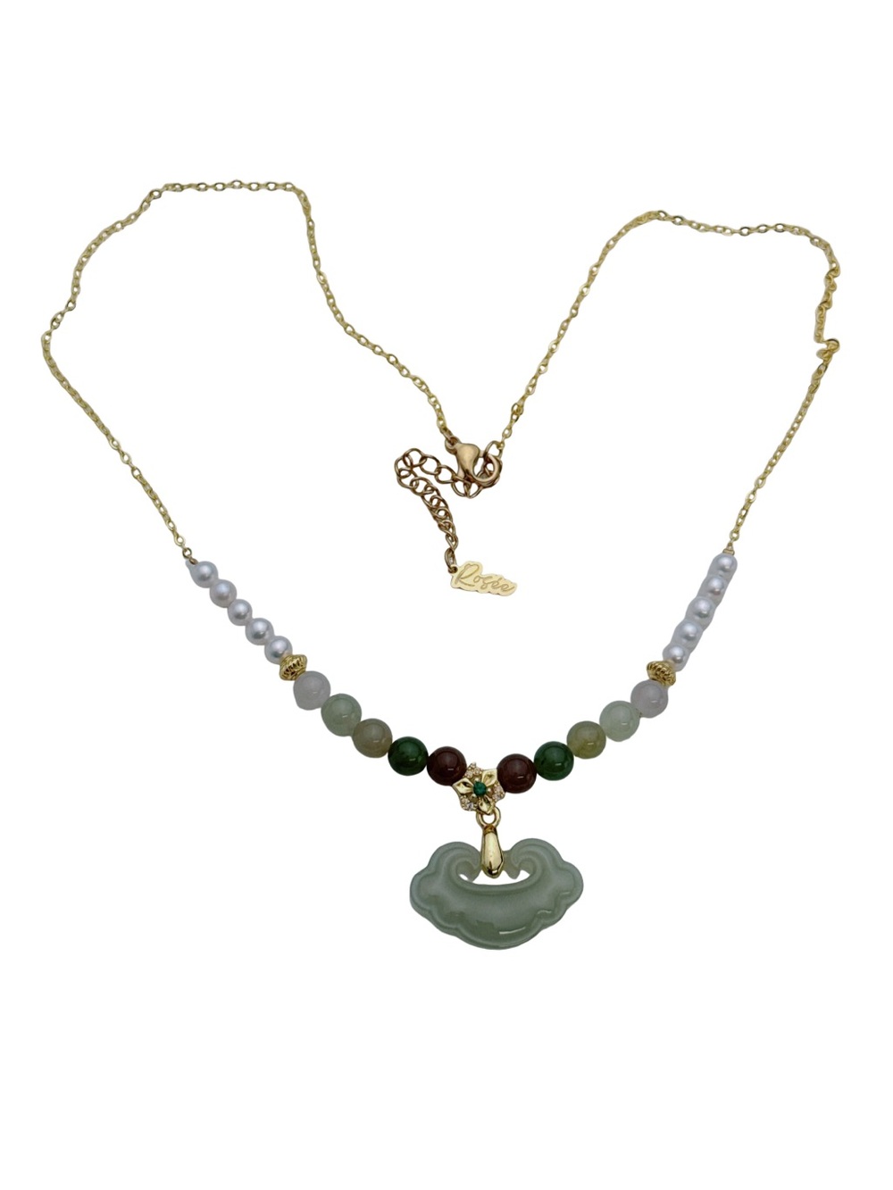 Handmade Freshwater Pearl with Lucky Cloud Jade Pendant 16+2” 26X464 Gold Plated